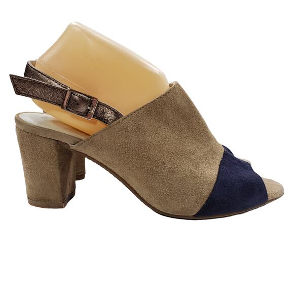 Eric Michael 10 Suede Leather Slingback Heels Womens Tan Black Block 3" Open Toe - Picture 2 of 11